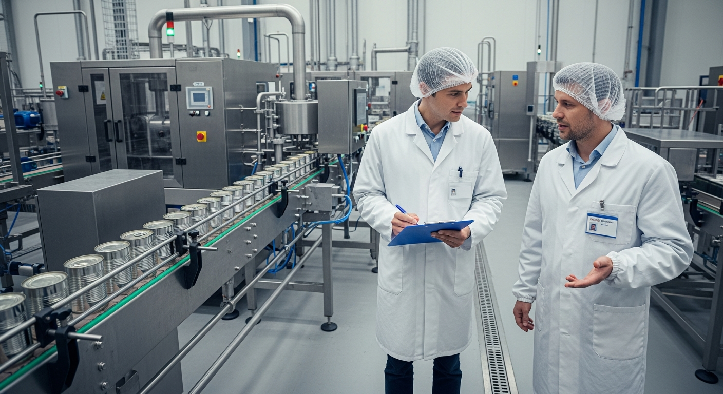 Dos auditores en planta preparando una auditoría de calidad alimentaria