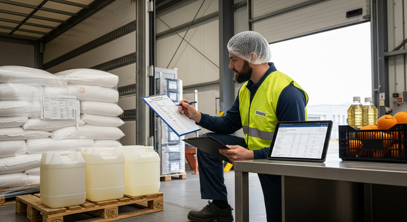 Técnico con tablet realizando el control de calidad de proveedores en el almacén de materias primas
