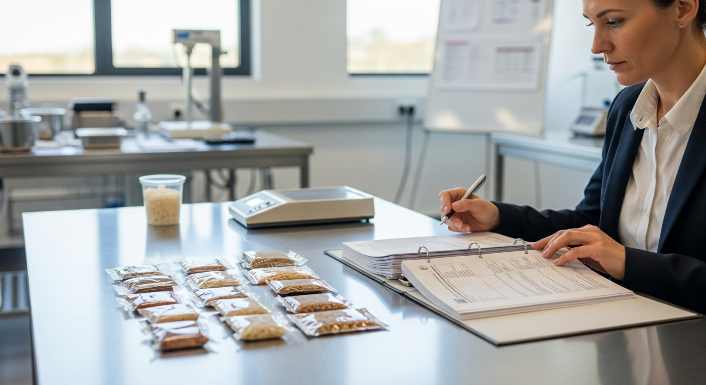 Auditor tomando notas sobre muestras de producto aplicando los criterios de auditoría ISO 9001