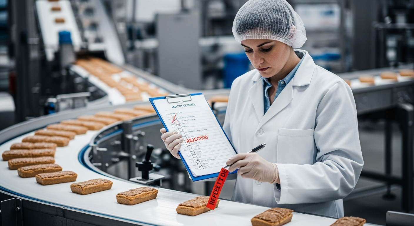 Técnico anotando una no conformidad en la línea de producción de galletas