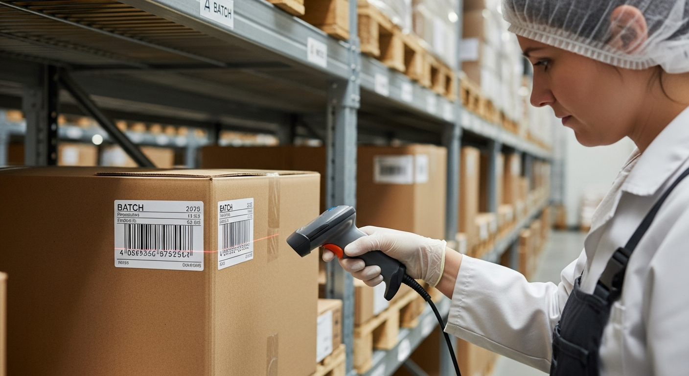 Operaria escaneando el código de barras de una caja para la trazabilidad ISO 9001